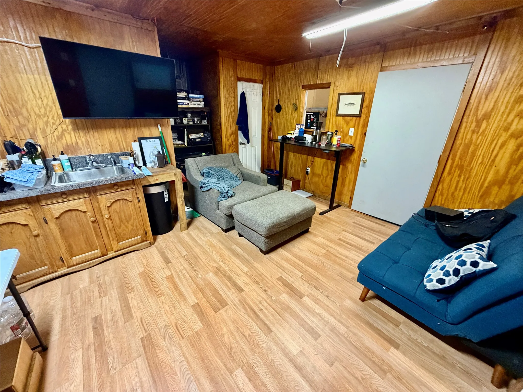 This is the living room and kitchen in the living quarters inside the barn.