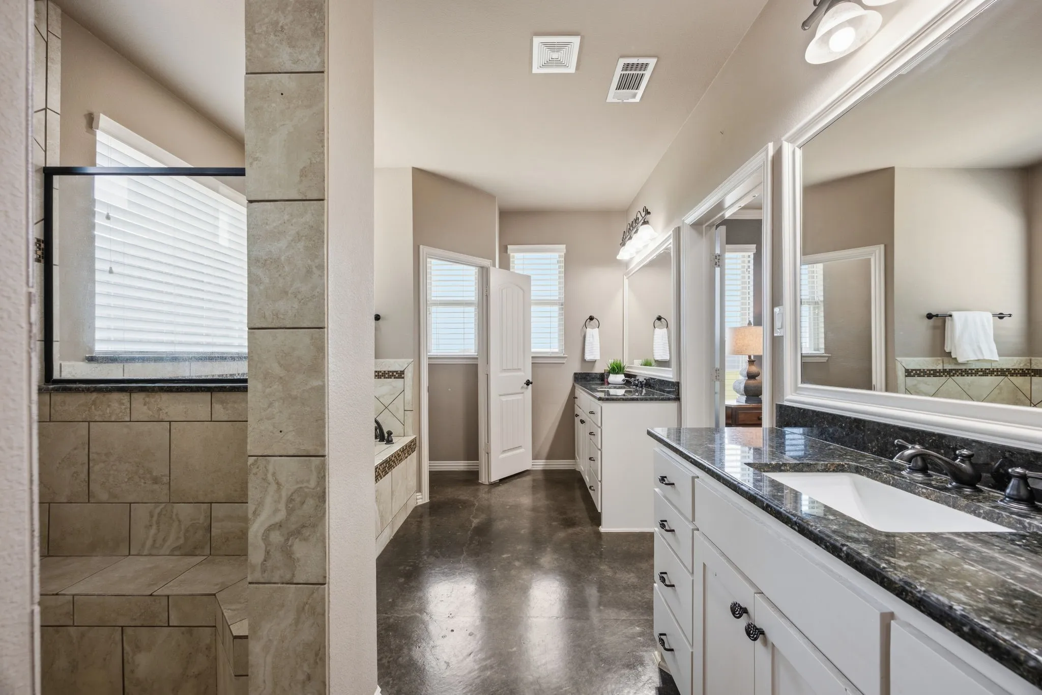 Bench seat in walk in shower.