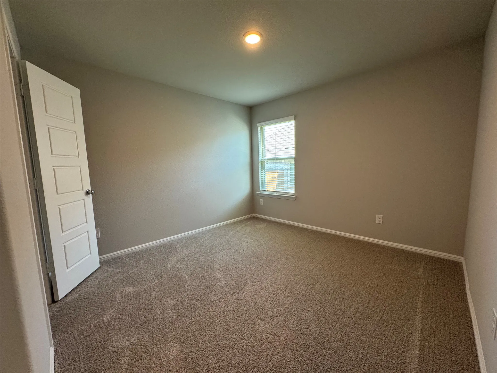 Neutral-toned room featuring light brown carpeting, a single window with white blinds, and a white paneled door
