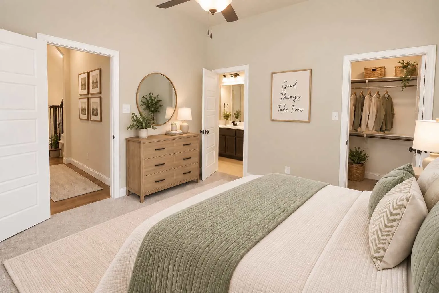 Virtually staged-Carpeted bedroom featuring a ceiling fan, direct access to a full bathroom.