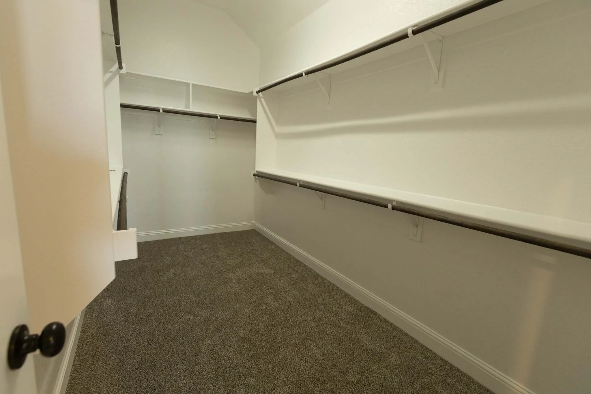 Primary Walk-in closet featuring plush gray carpeting, white baseboards, and built-in white shelving and hanging rods