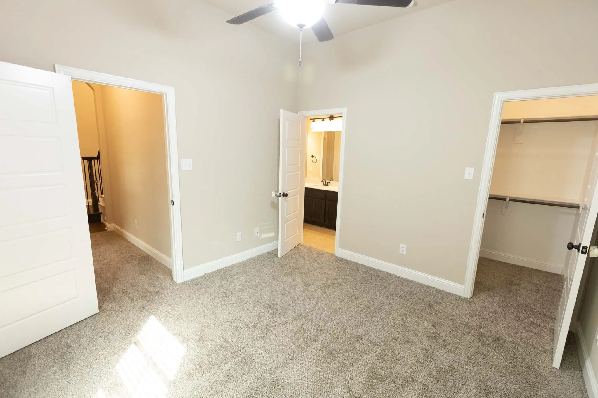 1st floor Carpeted room featuring a ceiling fan, recessed lighting, and a neutral wall palette