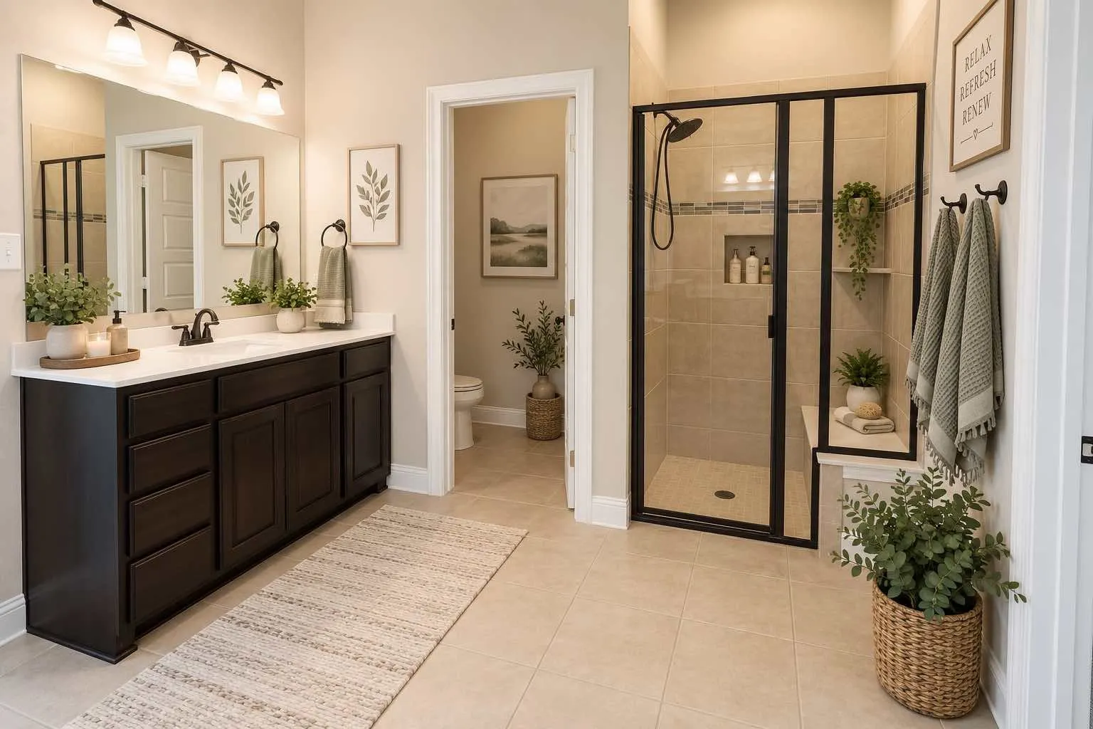 Virtually staged-Dark wood-finish vanity with a white countertop and rectangular sink