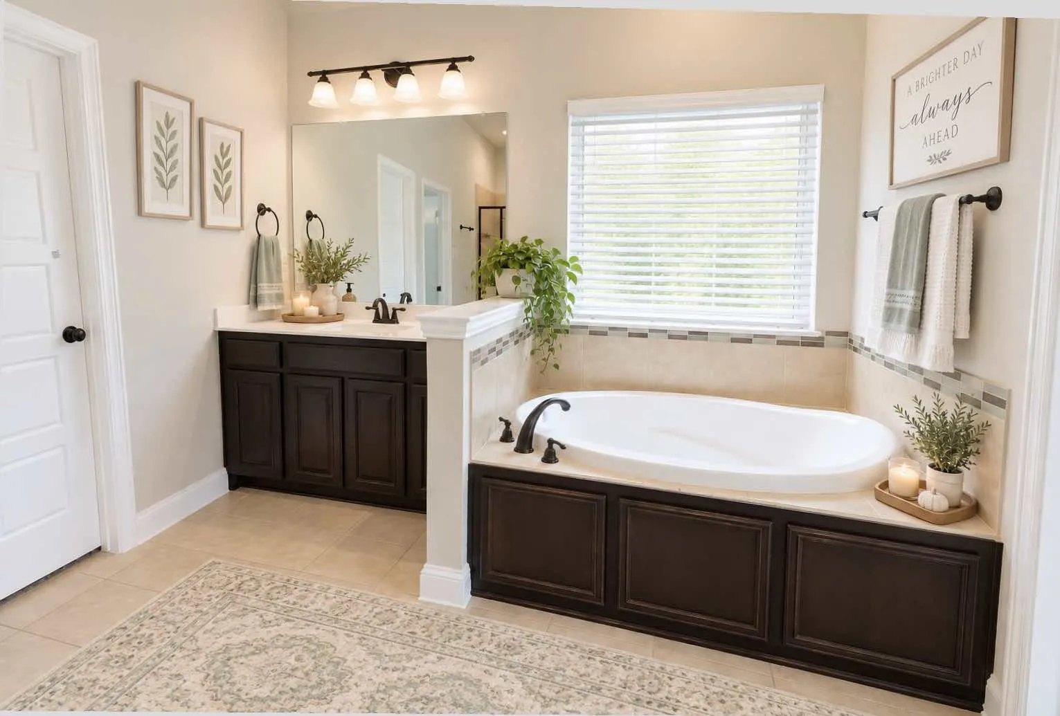 Virtually staged-Deep soaking tub, dark wood-finish cabinetry, light tile flooring, built-in vanity, and decorative wall tiling