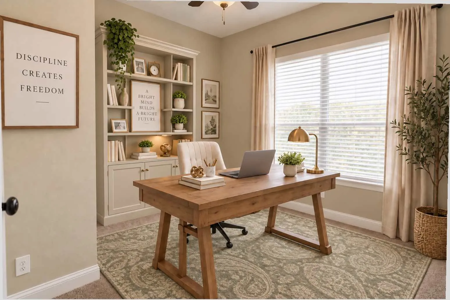 Virtually staged-!st floor study with ceiling fan, and window blinds