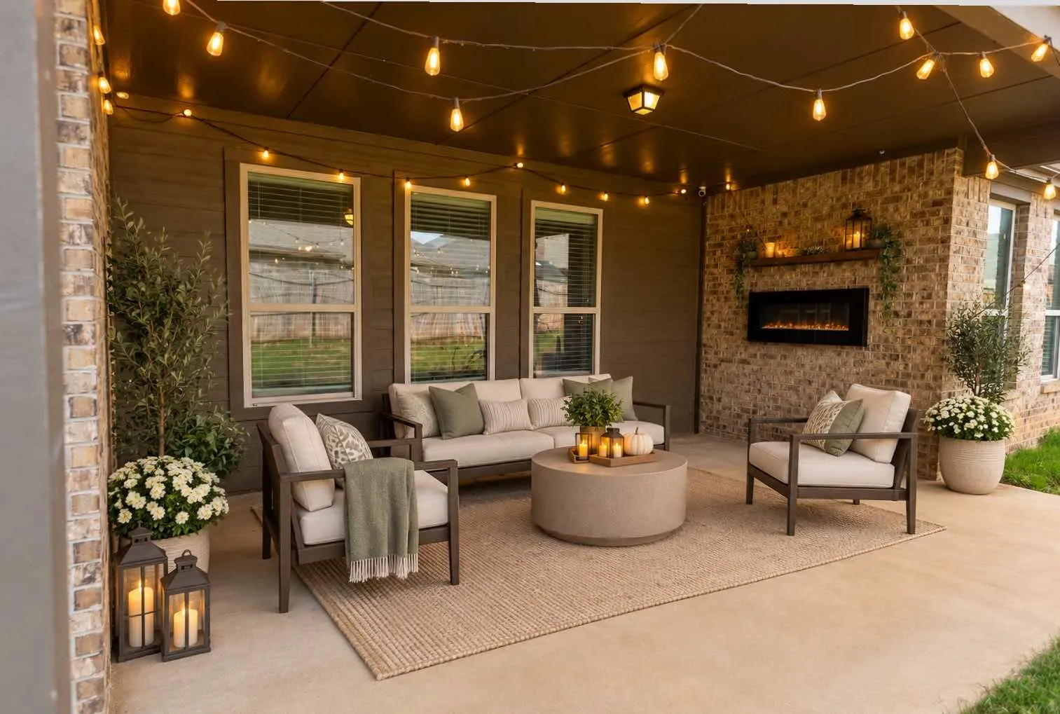 Virtual staging-Covered patio featuring a brick accent wall, built-in fireplace, and overhead string lighting