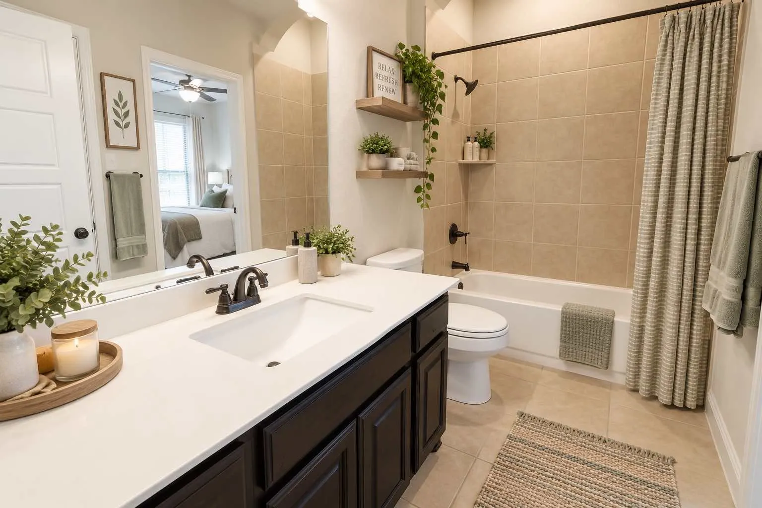 Single vanity with a white countertop and dark wood-finish cabinetry