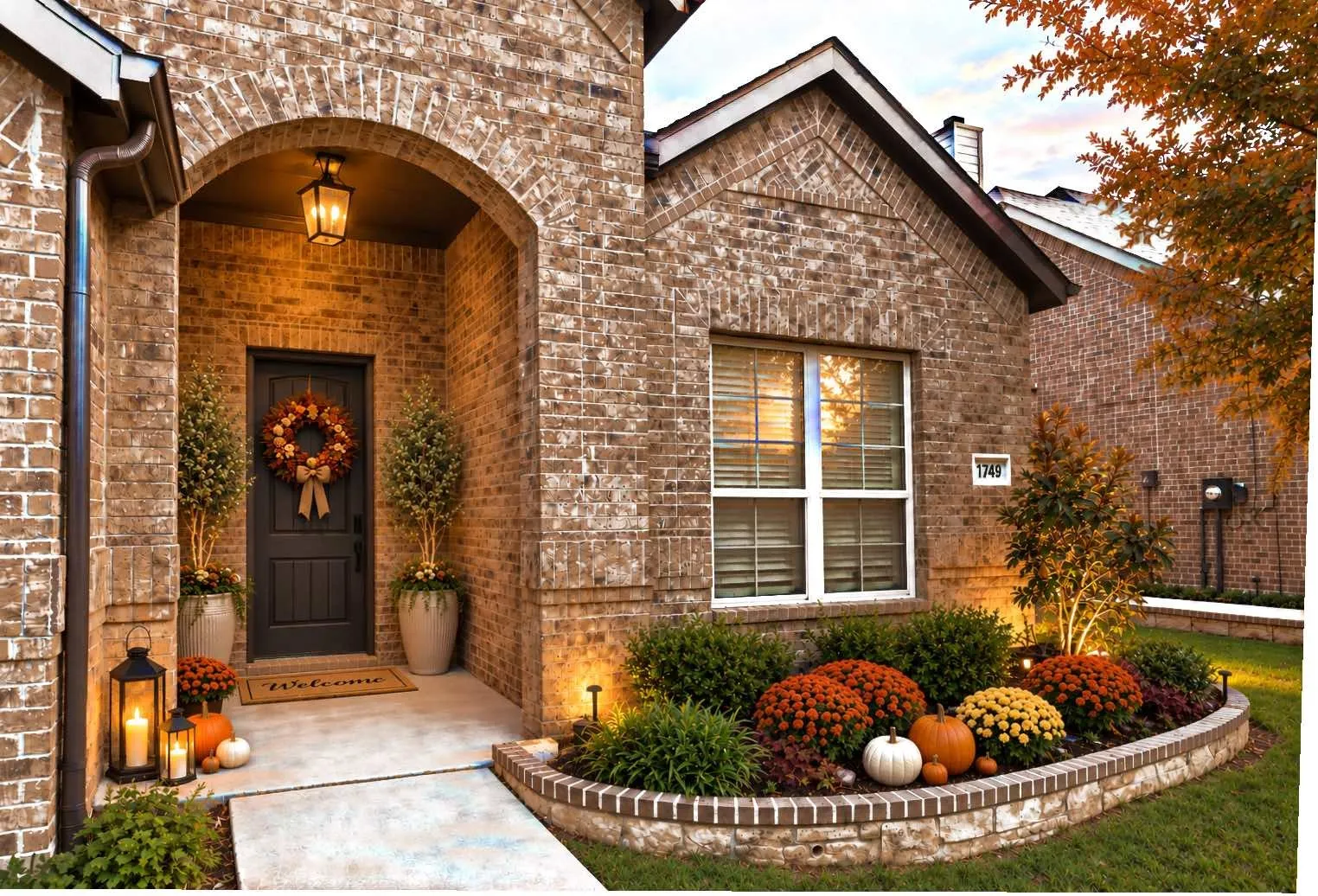 Virtually Staged-Brick exterior with an arched entryway, transom window above the dark-paneled front door, and a built-in outdoor lantern