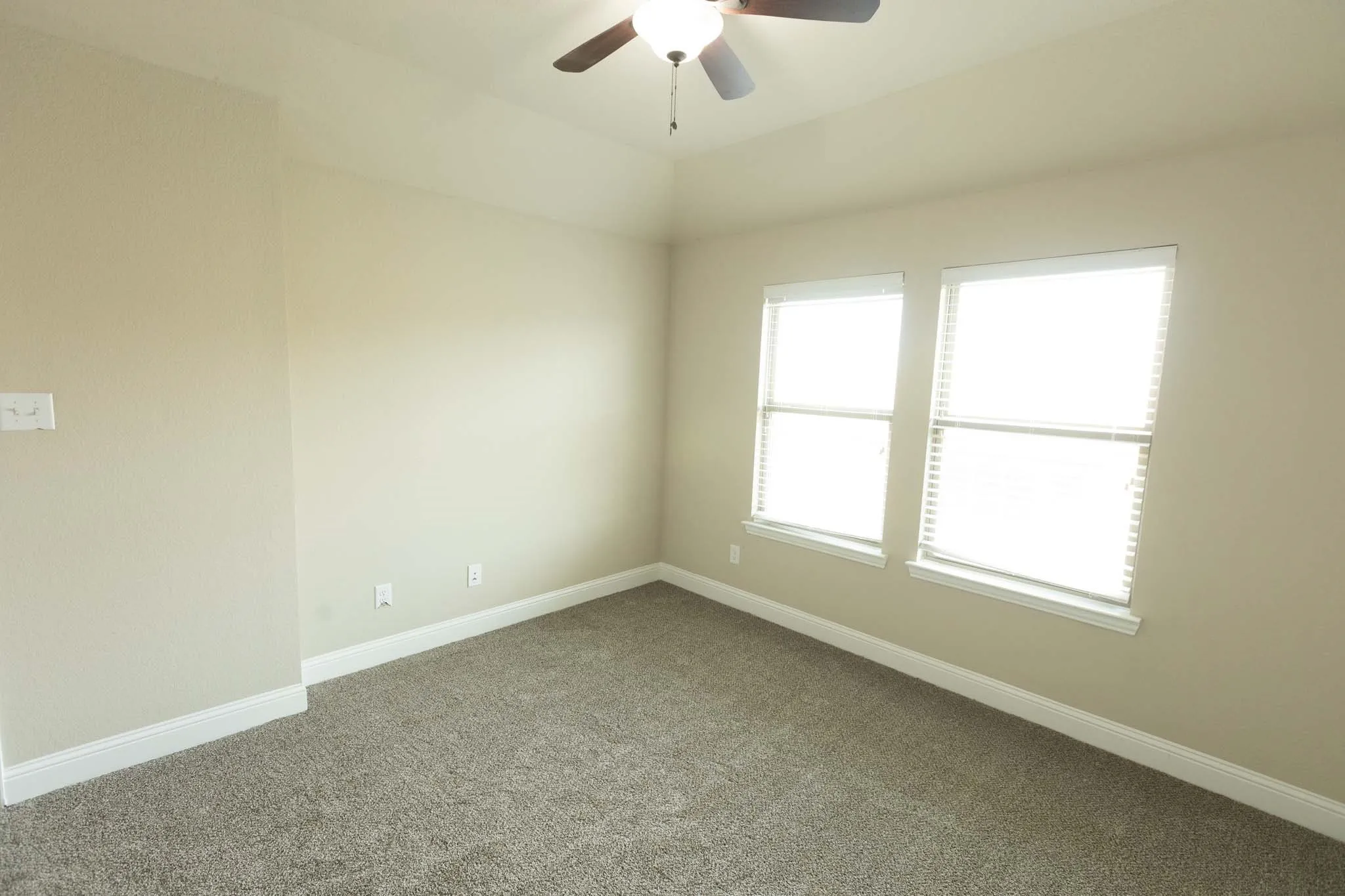 1st floor study or bedroom featuring two windows with white blinds, neutral carpeting, and light-toned walls