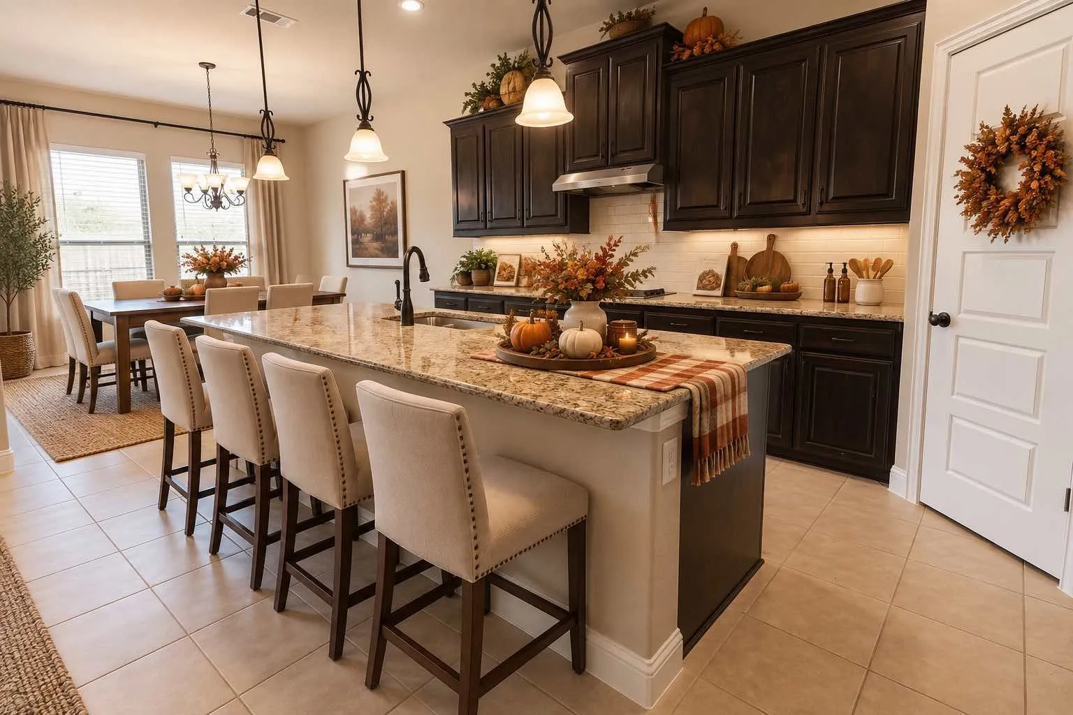 Granite-top kitchen island with seating, dark wood cabinetry, and tile flooring