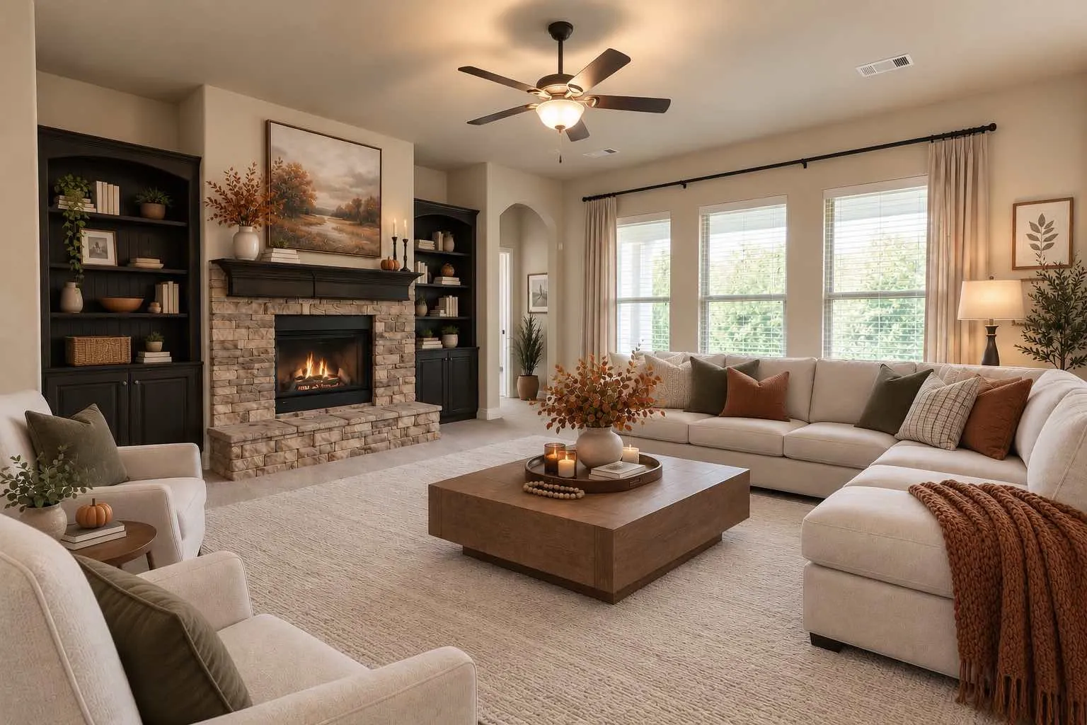 Virtually staged-Stone-clad fireplace with a dark wood mantel, built-in shelving, multiple windows with blinds and curtains, and a ceiling fan
