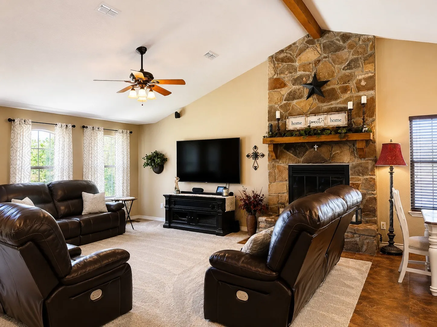 Oversized Livingroom with cozy rock fireplace