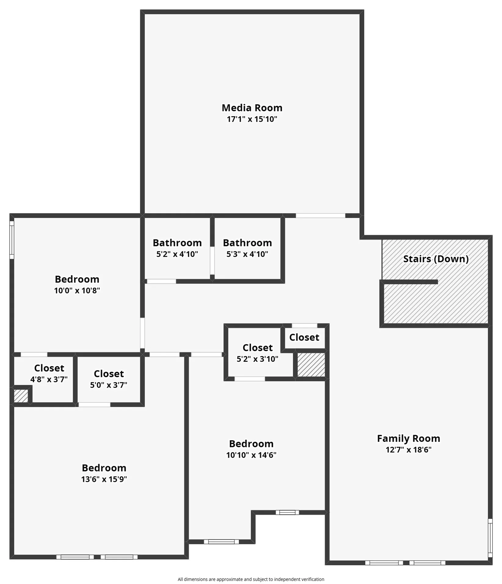 Floorplan of second floor at 5149 Cantle Ct in Fort Worth, Texas, Tarrant County, with split floorplan, dedicated media room, second living space/flex space, and bathroom with dual sink and separate private toilet/bath area.