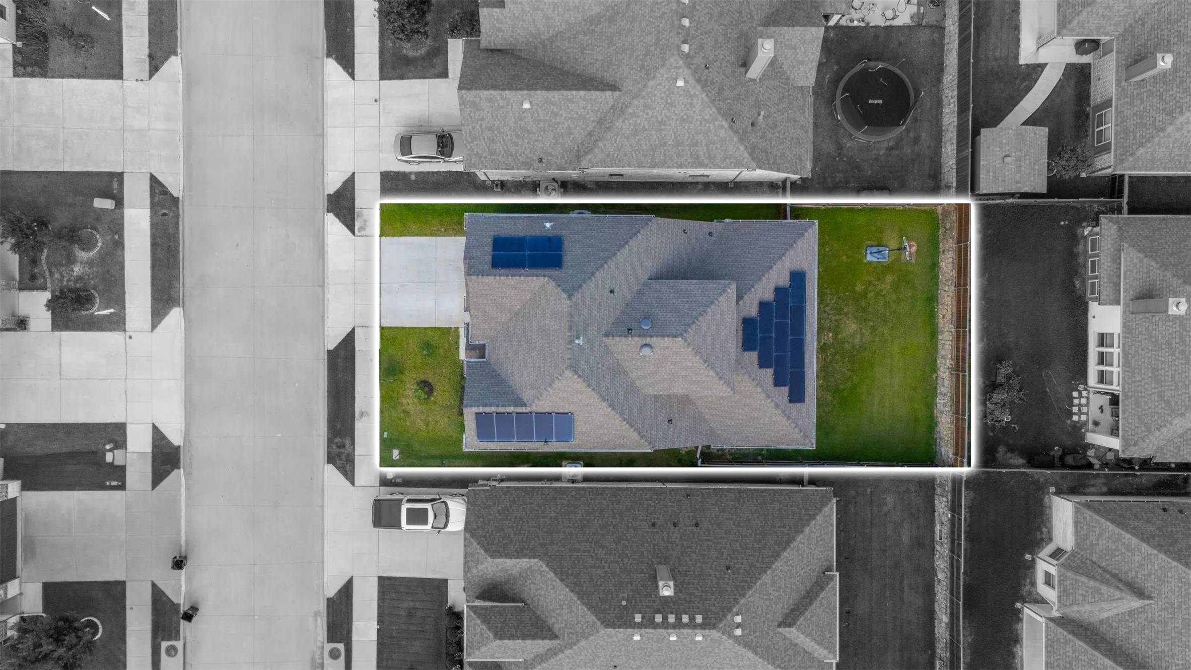 Aerial view at 5149 Cantle Ct in Fort Worth, Texas, Tarrant County, located on a cul-de-sac for minimal traffic and a flat lot with front landscaping and solar panels (paid off at closing) for energy efficiency.