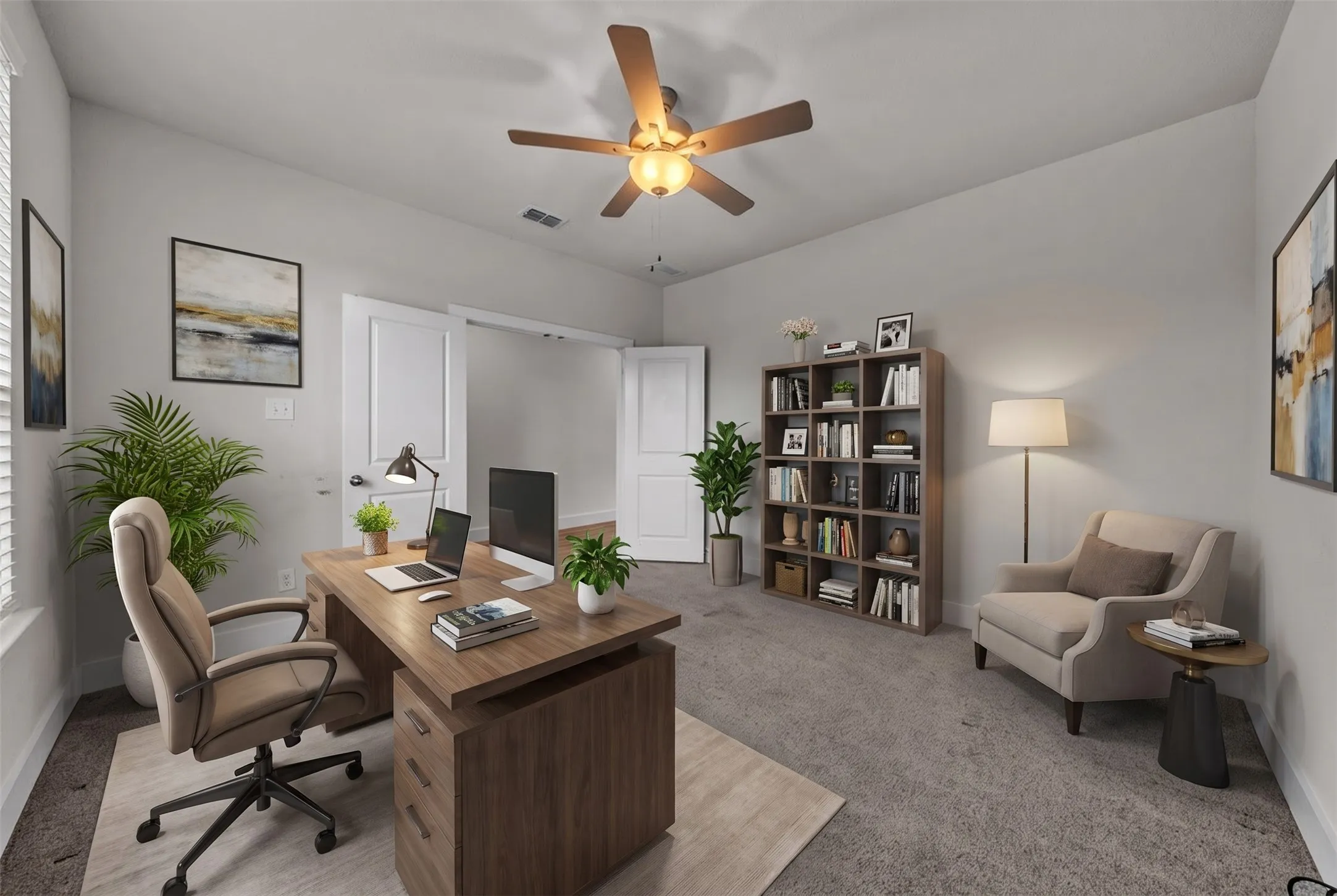Virtually Staged Office at 5149 Cantle Ct in Fort Worth, Texas, Tarrant County, with double door entry, ceiling fan, and natural light. This is a dedicated office space.