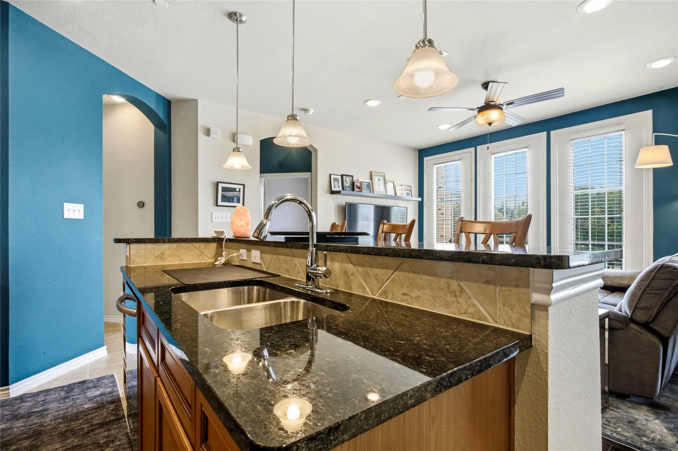 Kitchen area featuring a double basin stainless steel sink, gooseneck faucet, and dark granite countertops