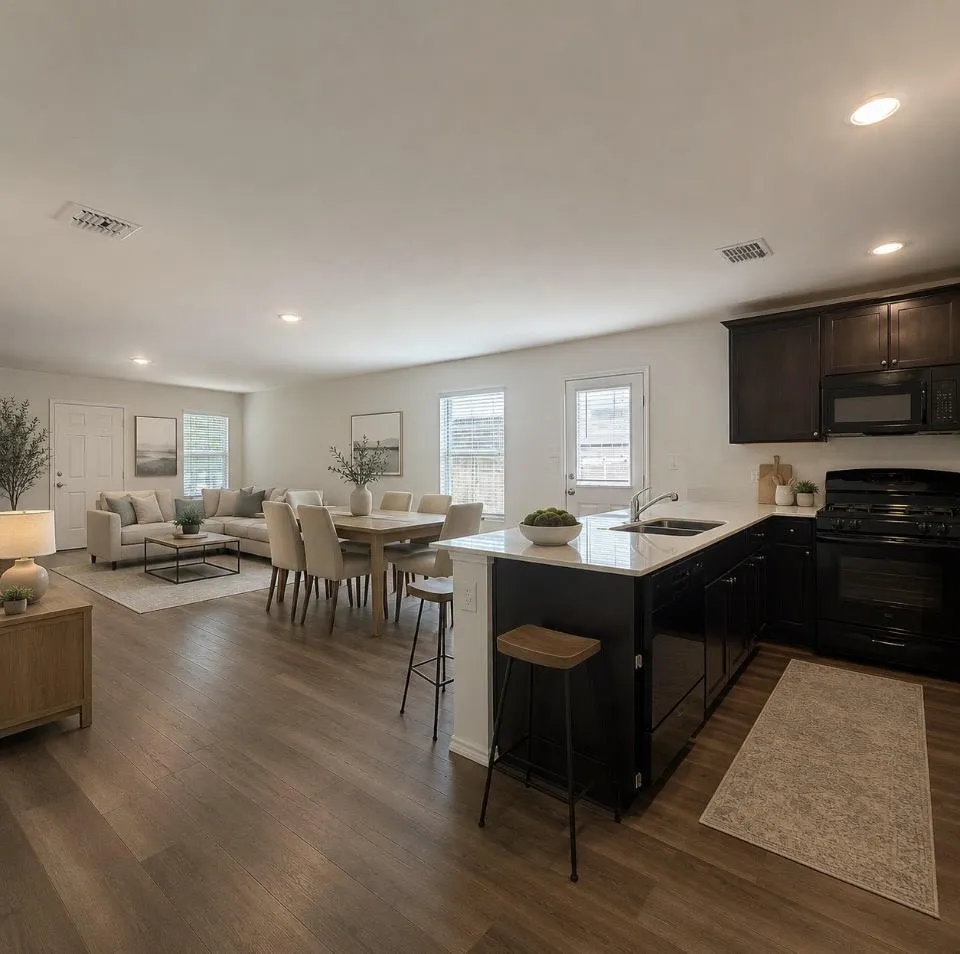 Open-concept living space featuring wood-finish flooring, recessed lighting, and multiple windows with blinds