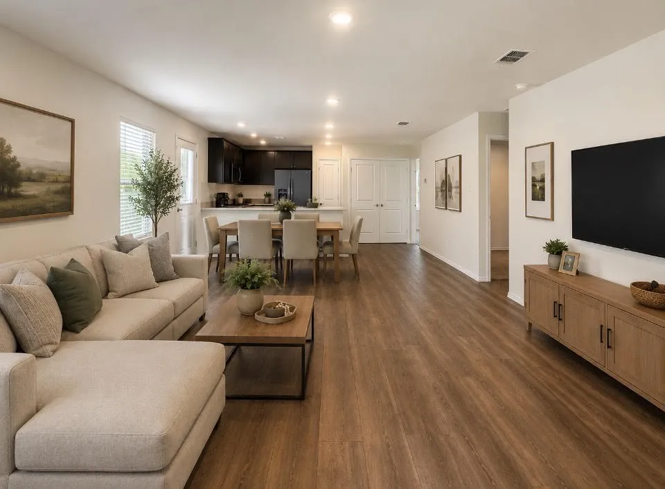 Open-concept living space featuring wood-finish flooring throughout