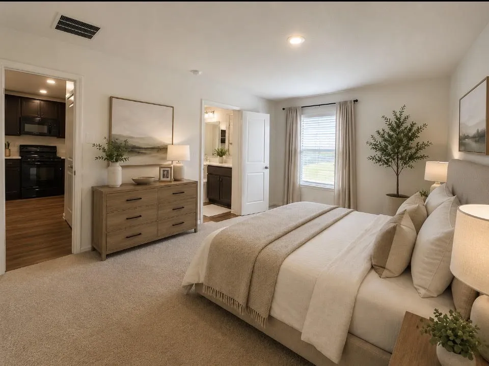 Carpeted bedroom featuring a window with blinds, recessed lighting, and a doorway opening to a kitchen with wood-finish flooring and dark cabinetry