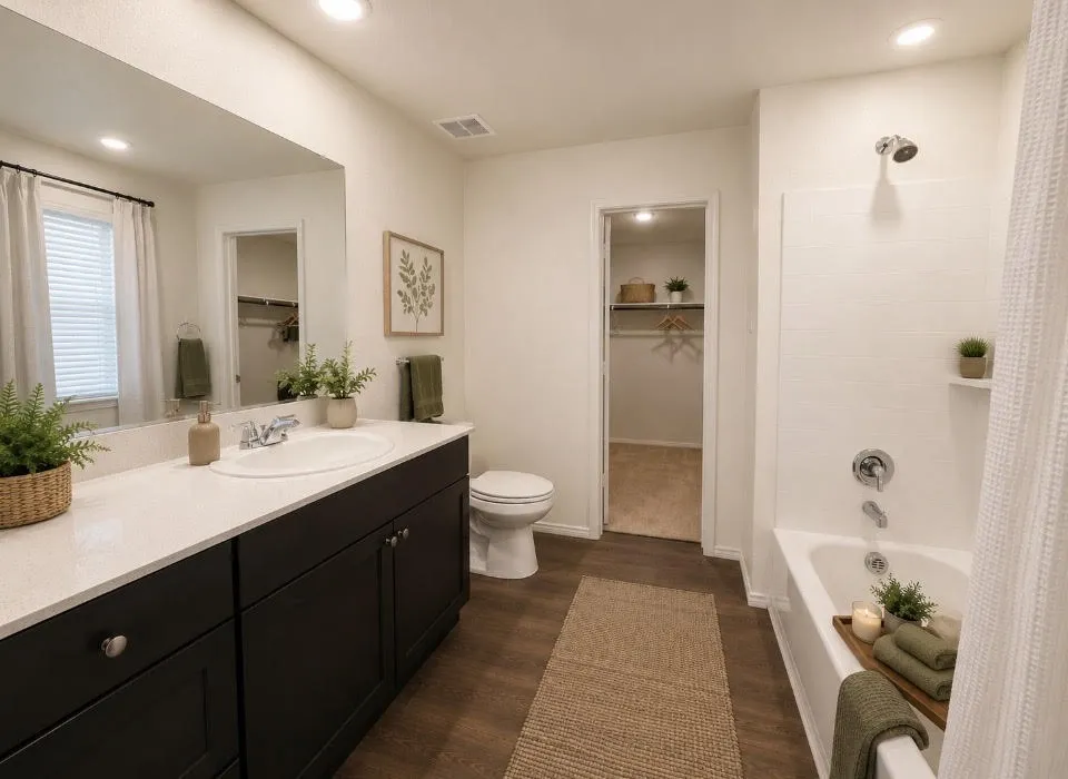 Bathroom featuring a dark wood-finish vanity with a light-toned countertop, a built-in sink with chrome fixtures, a full-width mirror, and wood-finish flooring