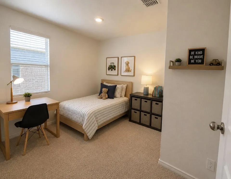 Recessed ceiling lighting illuminates a room featuring a window with blinds, carpet flooring, and a built-in wall shelf
