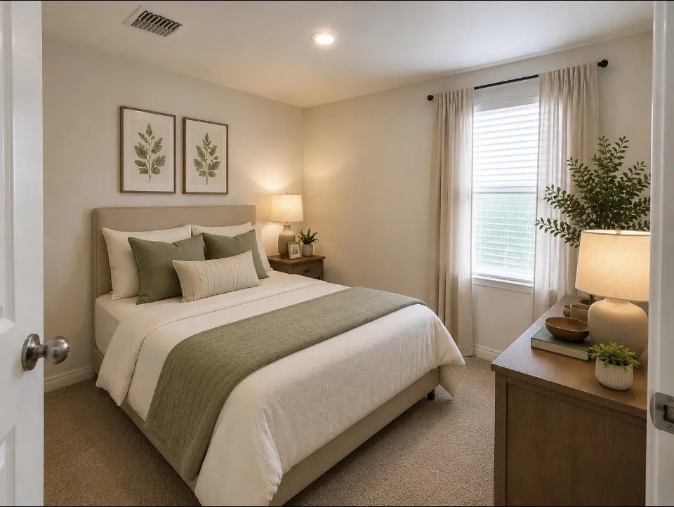 Carpeted bedroom with a window featuring blinds and drapes