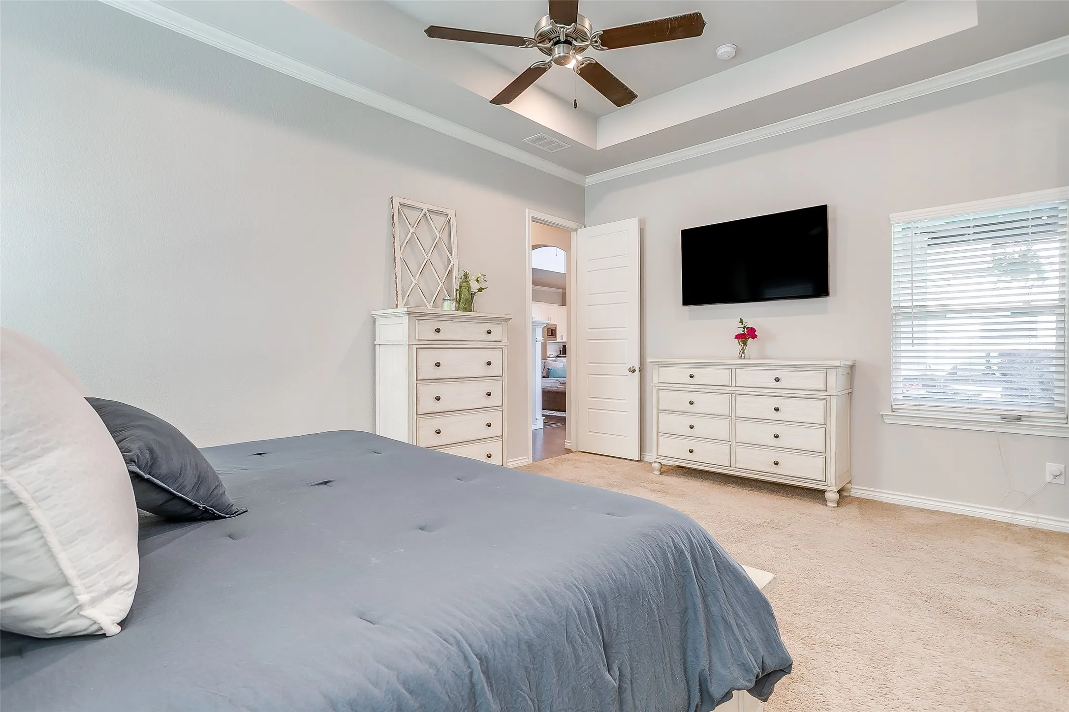 Carpeted bedroom featuring a tray ceiling with a ceiling fan, a window with horizontal blinds, and a paneled door
