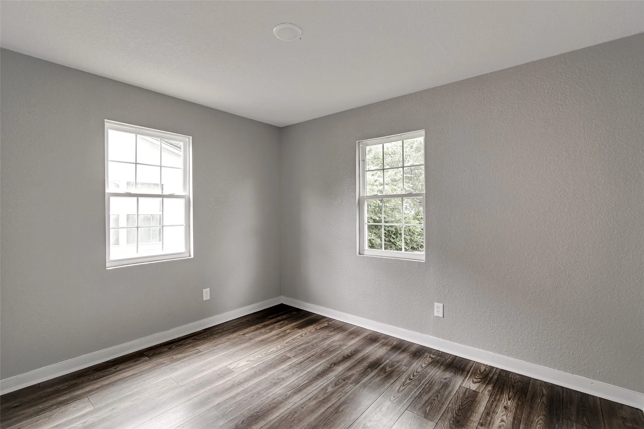 Room featuring wood-finish flooring, two double-hung windows