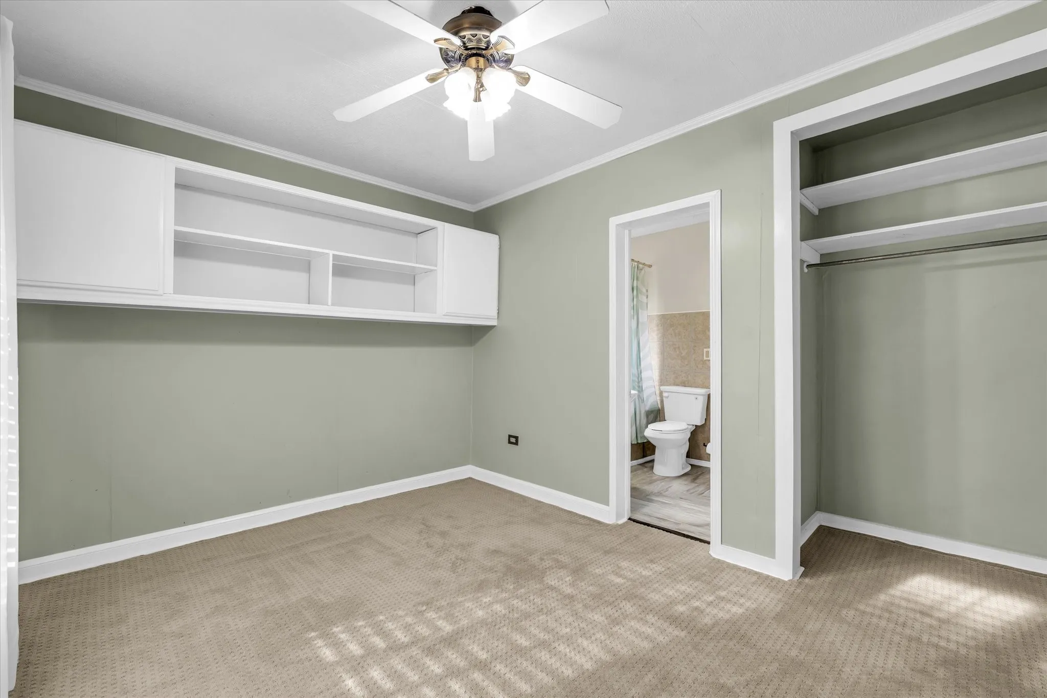 Interior room featuring built-in white cabinetry with open shelving, a ceiling fan, and carpeted flooring