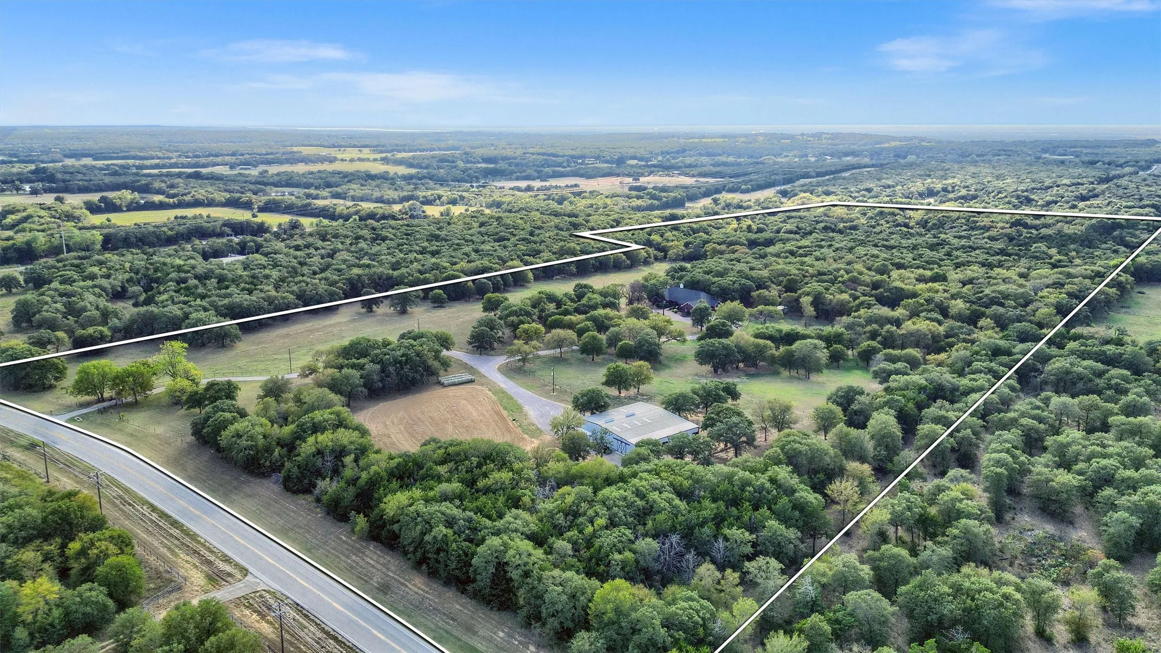 Property outline showing shop-barn in foreground, home nestled in the trees.