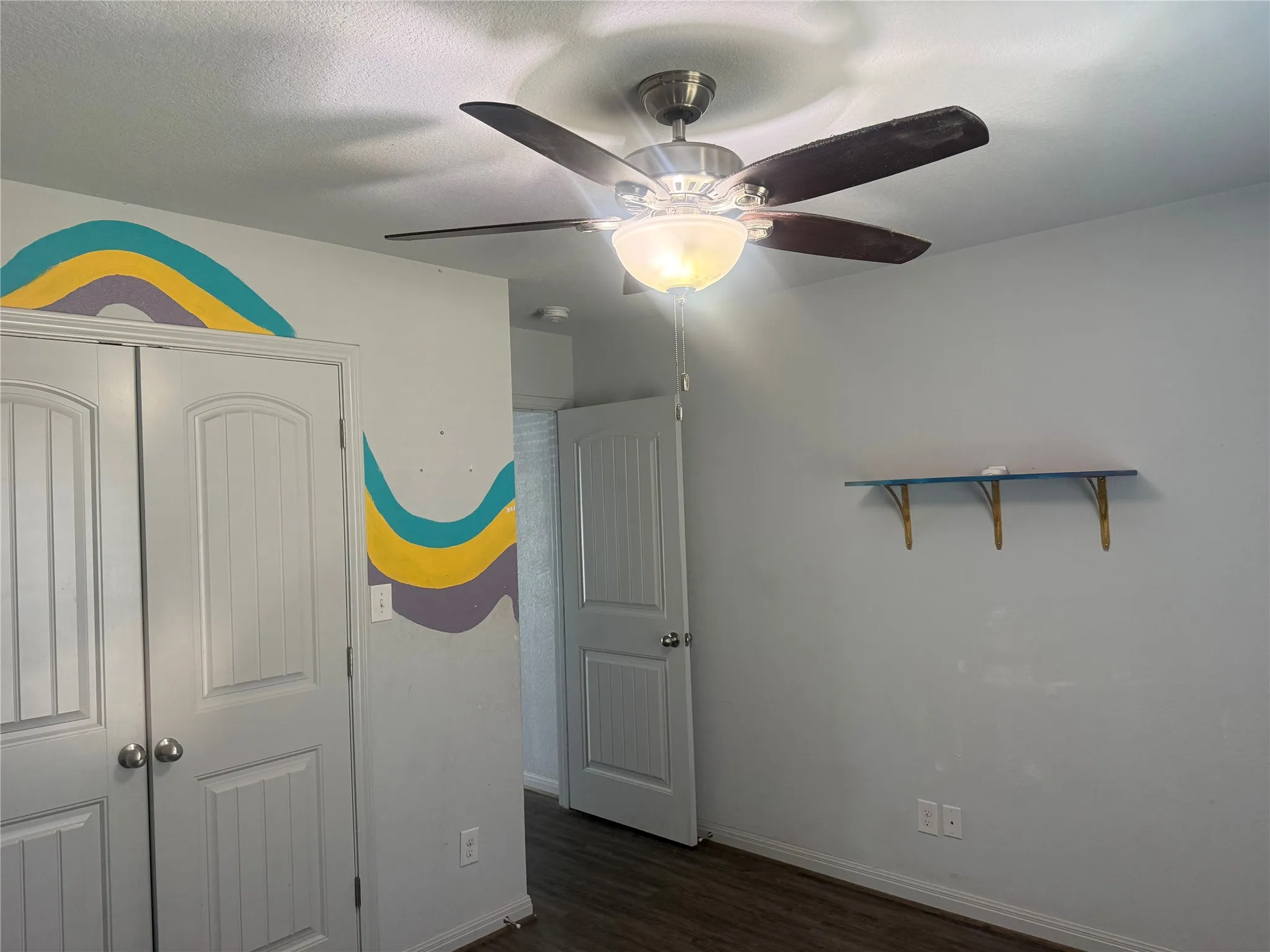 Ceiling fan with integrated lighting, wood-finish flooring, and built-in closet with panel doors