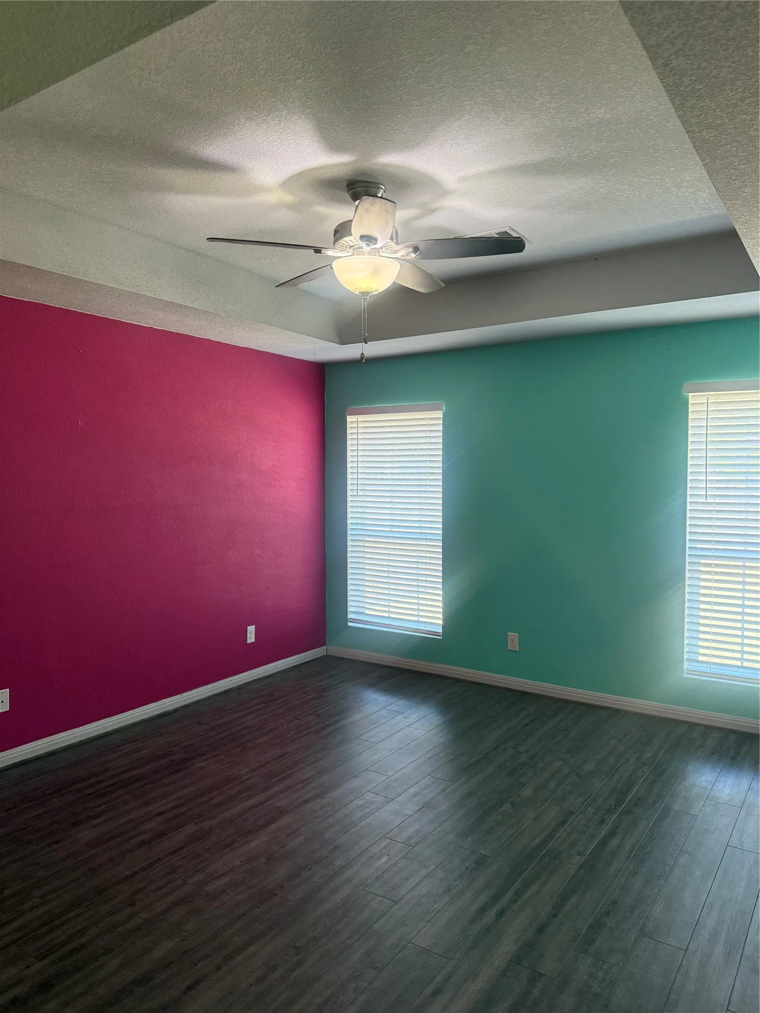 Tray ceiling with a ceiling fan light fixture, dual windows with blinds, and wood-finish flooring