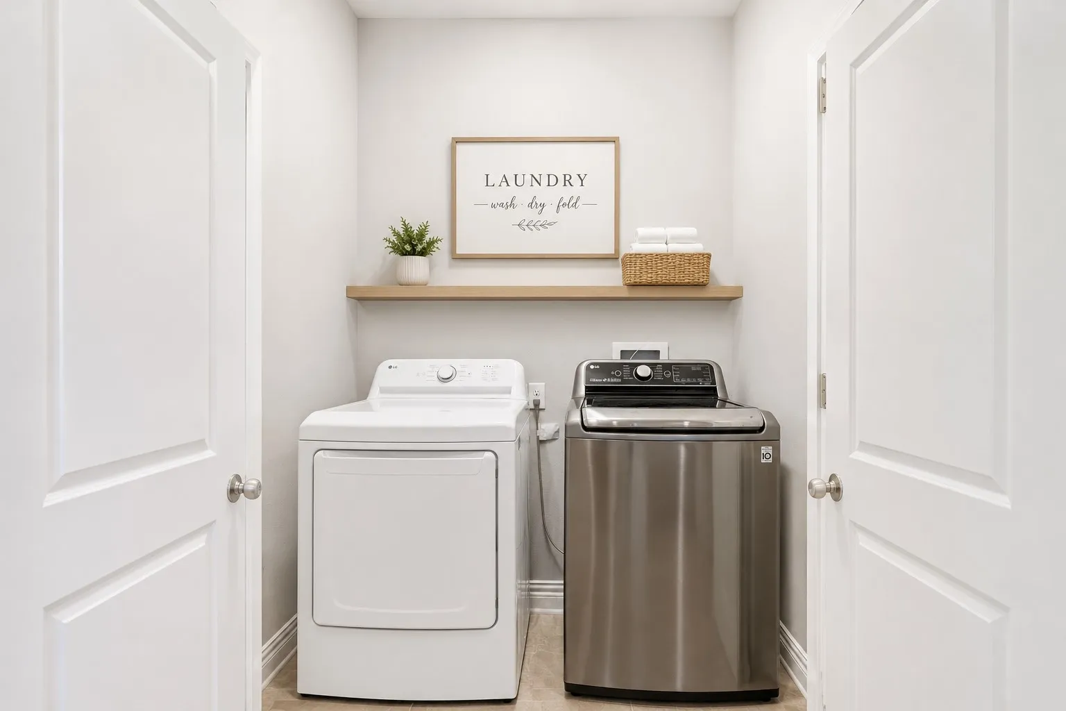 Dedicated laundry area featuring a light wood-finish floating shelf, white walls, and light-toned flooring