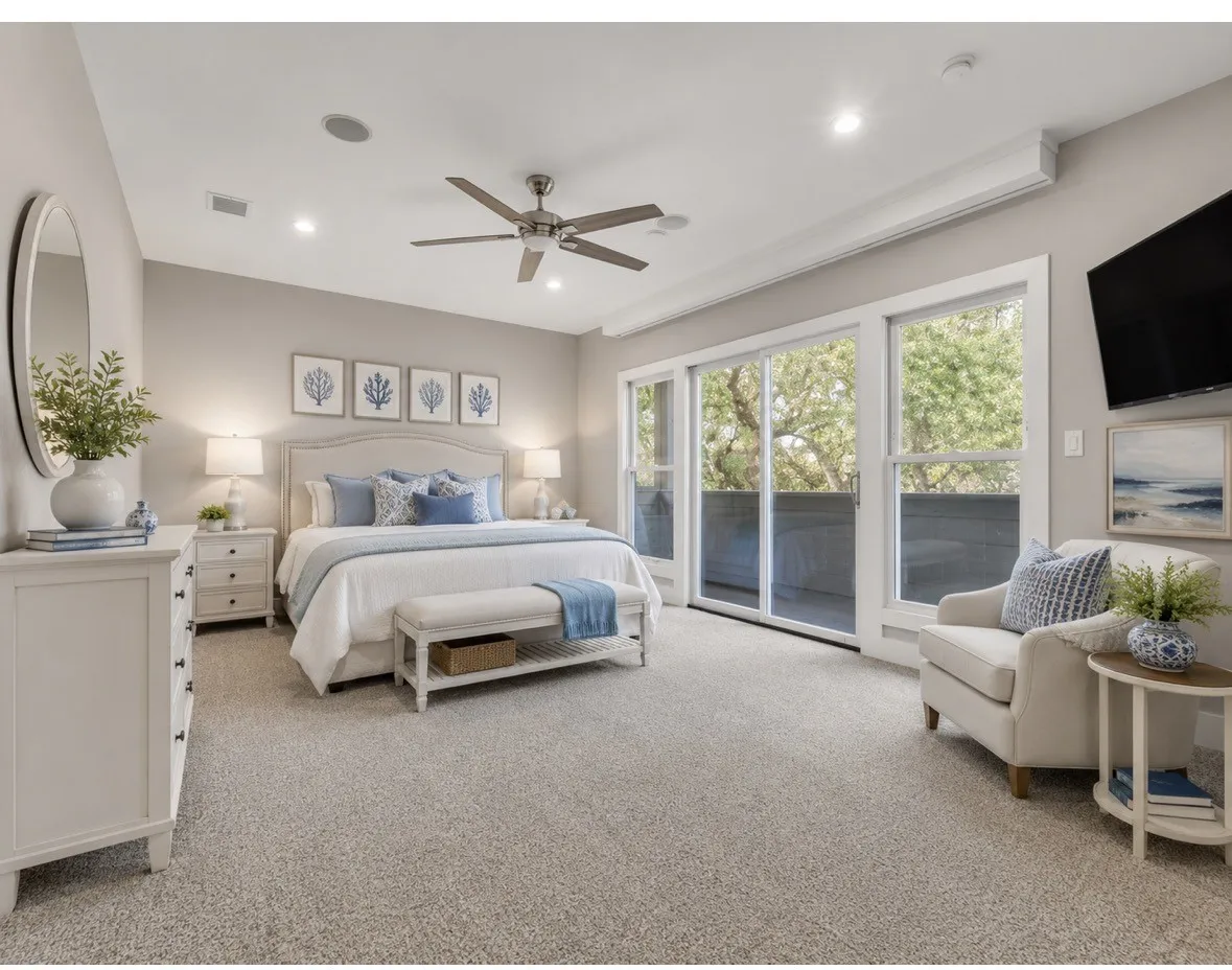 AI Image Spacious room featuring light-colored carpeting, a ceiling fan, recessed lighting, a sliding glass door, and large windows