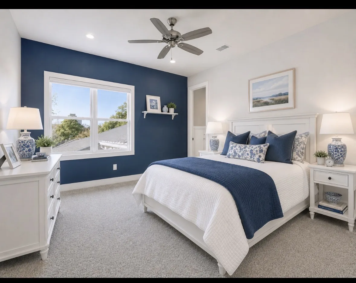 AI ImageSpacious room featuring a large window, a ceiling fan, plush carpet, and a prominent accent wall