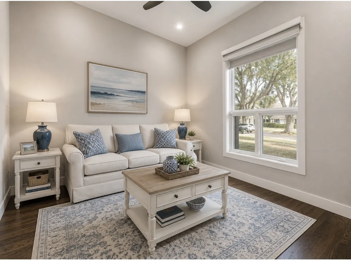 AI Image Bright living space featuring dark wood-finish flooring, a large window with roller shade, and neutral wall tones