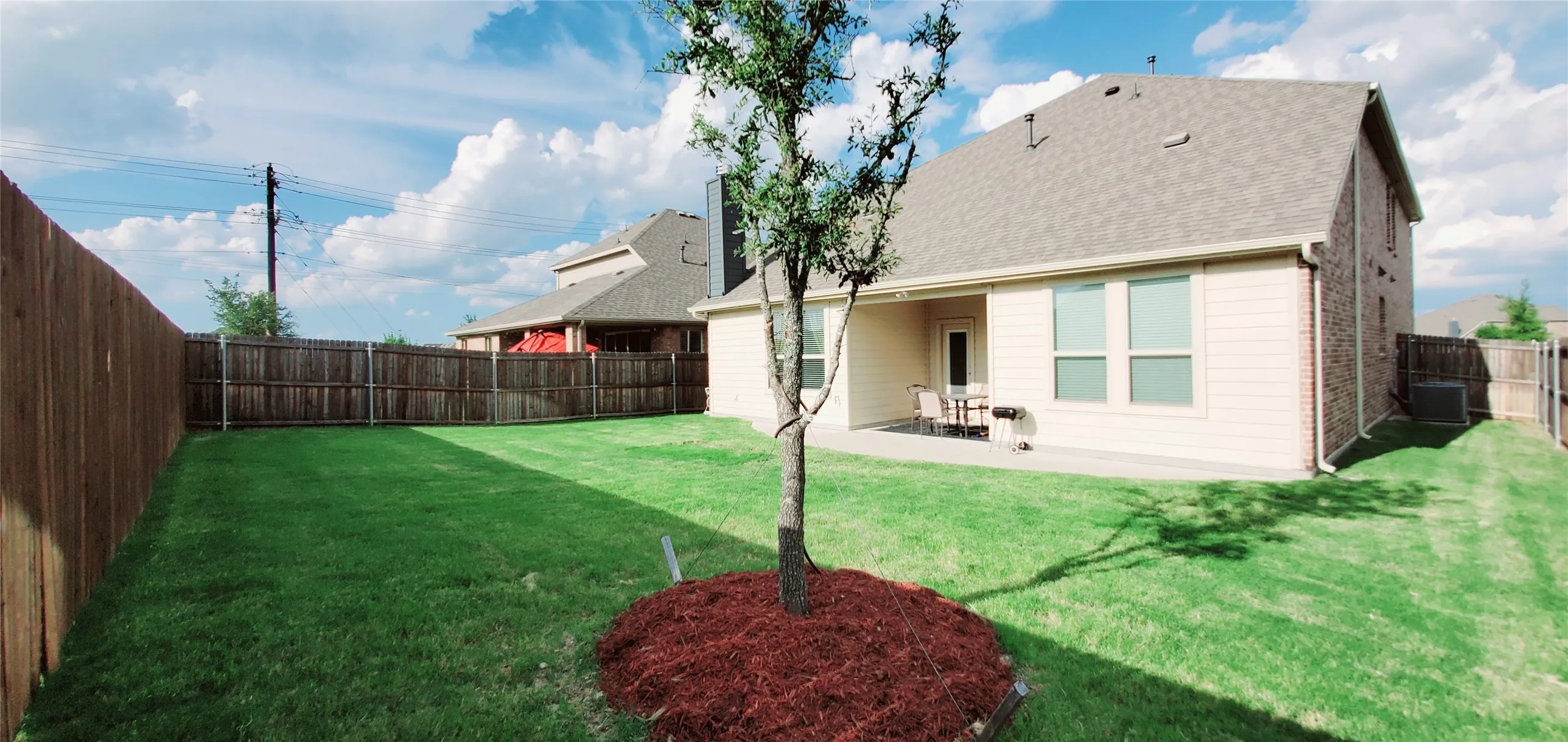 Expansive backyard featuring a manicured lawn, a young tree with mulch, and full privacy fencing