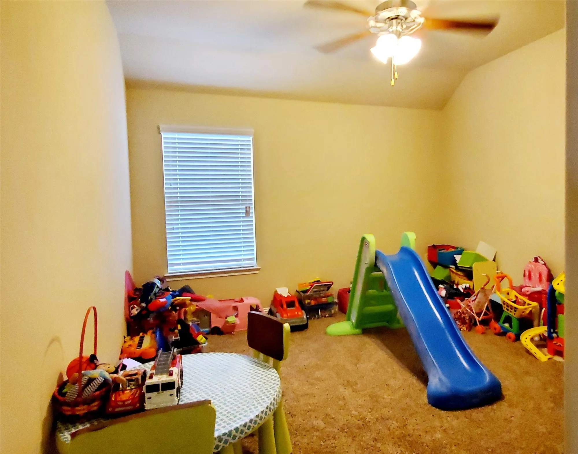 Carpeted room with a ceiling fan light fixture