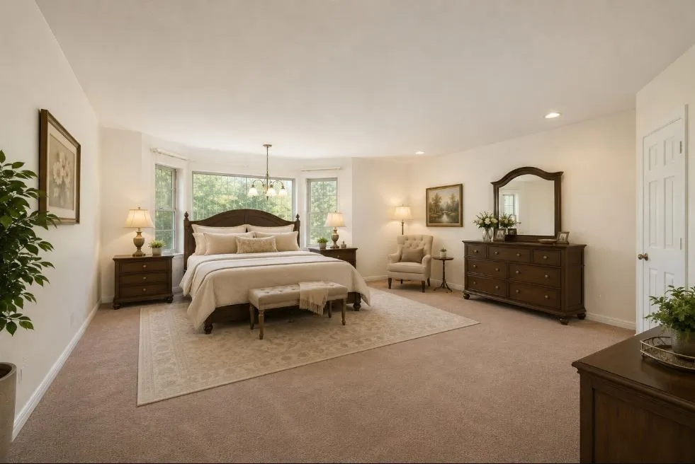 17.9 x 13.1 Spacious downstairs master bedroom featuring neutral wall tones, and a bay window with multiple glass panes over looking the pool and backyard