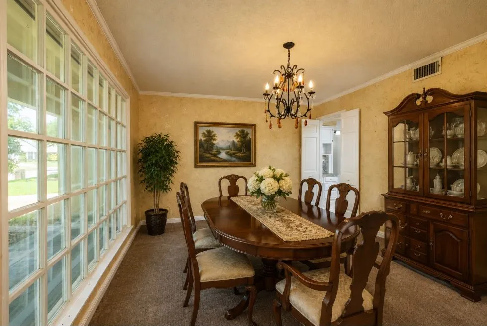 14.8 x 12 Formal Dining area featuring a large grid-pattern window, textured wall finish, and a decorative chandelier