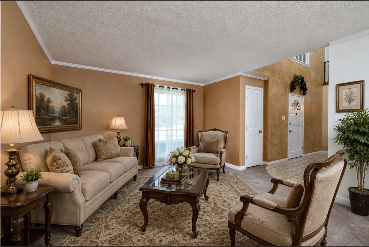 12.8 x 17 Carpeted living or office space just to the right of the front door area, crown molding, and an dramatic front entry