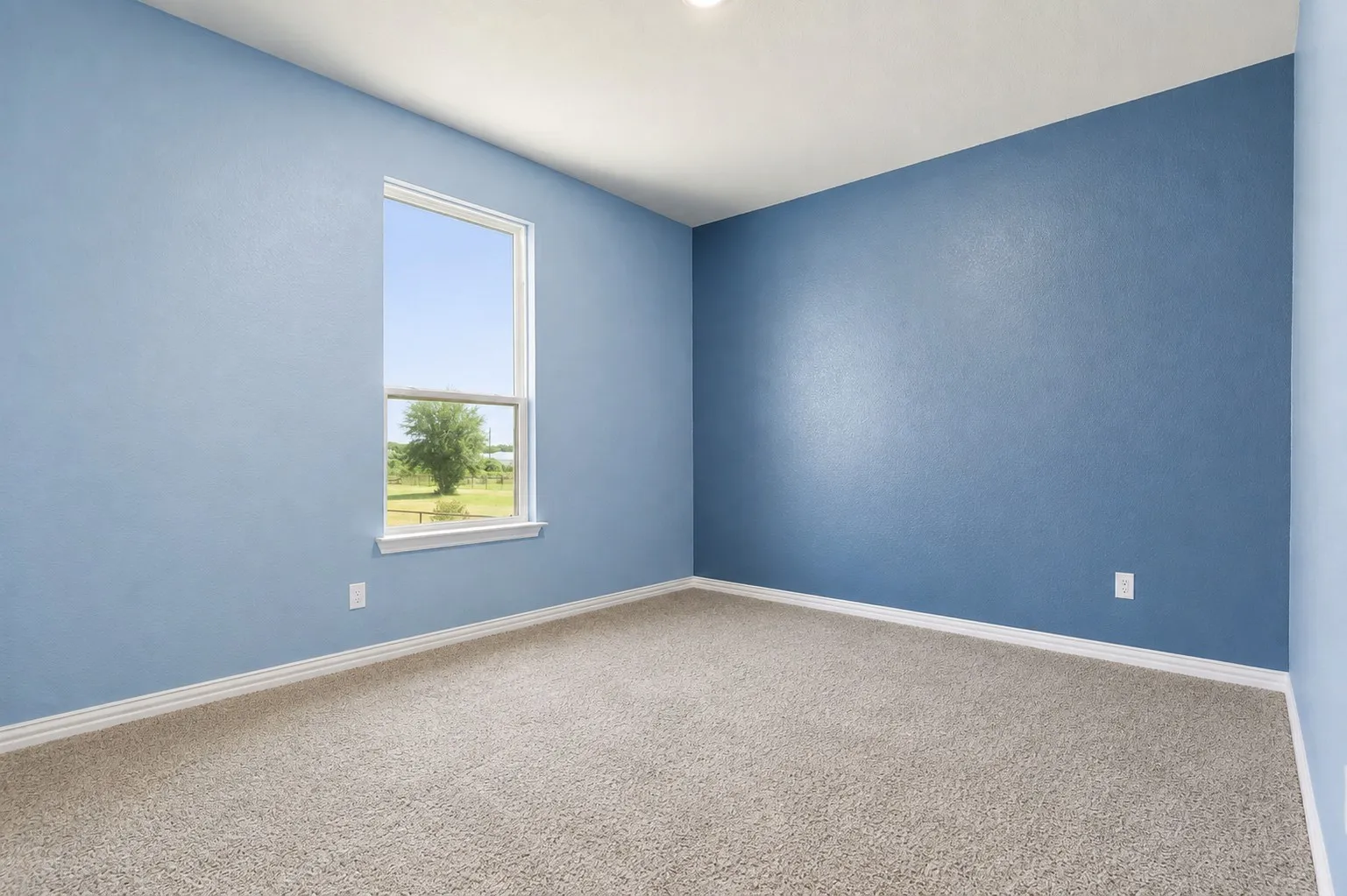 Bright, versatile bedroom showcasing soft blue walls, neutral carpeting, and natural light from a large single-hung window with exterior views