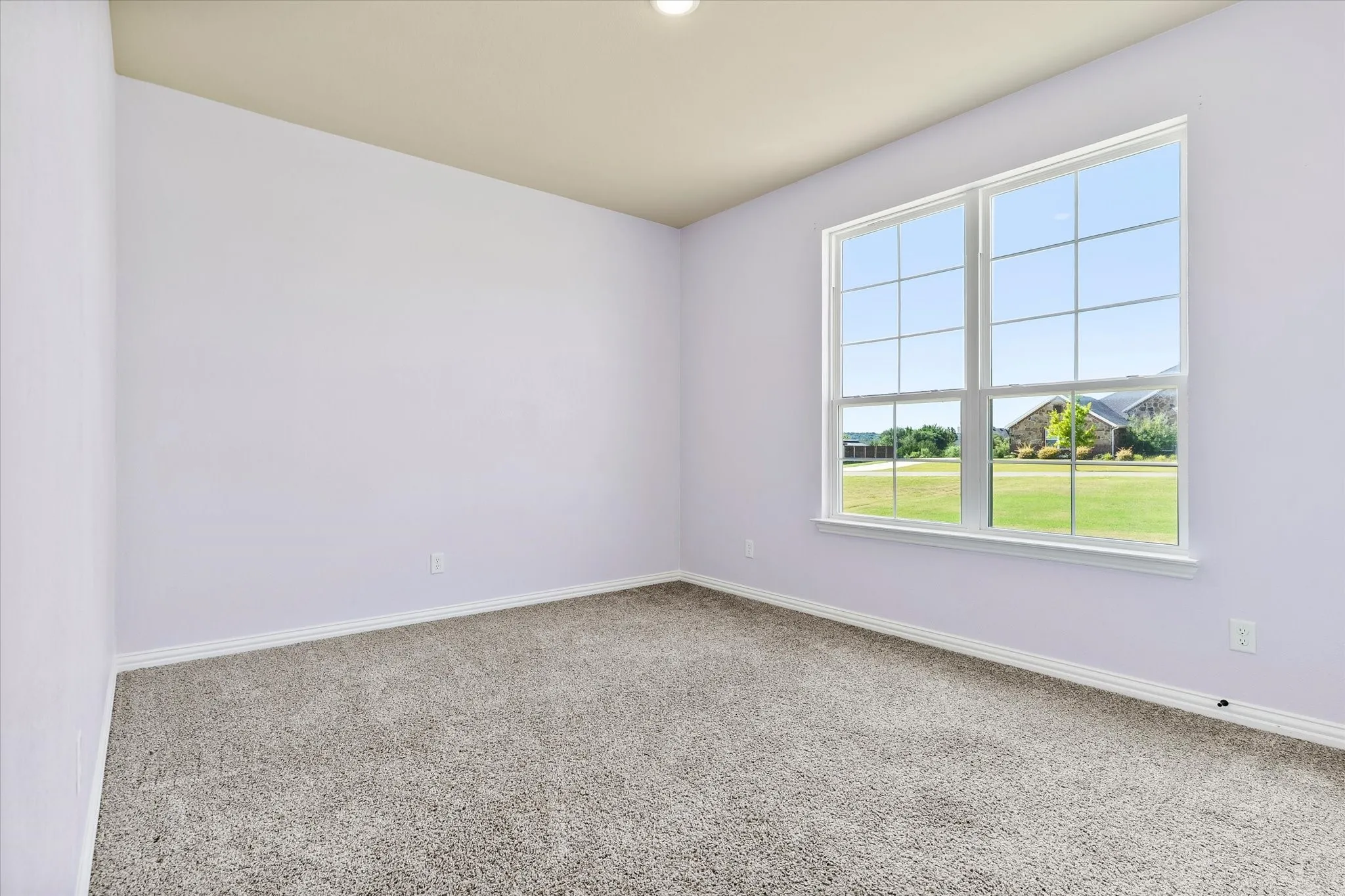 Wall-to-wall carpeting with a neutral finish, light-toned walls, and a large multi-pane window