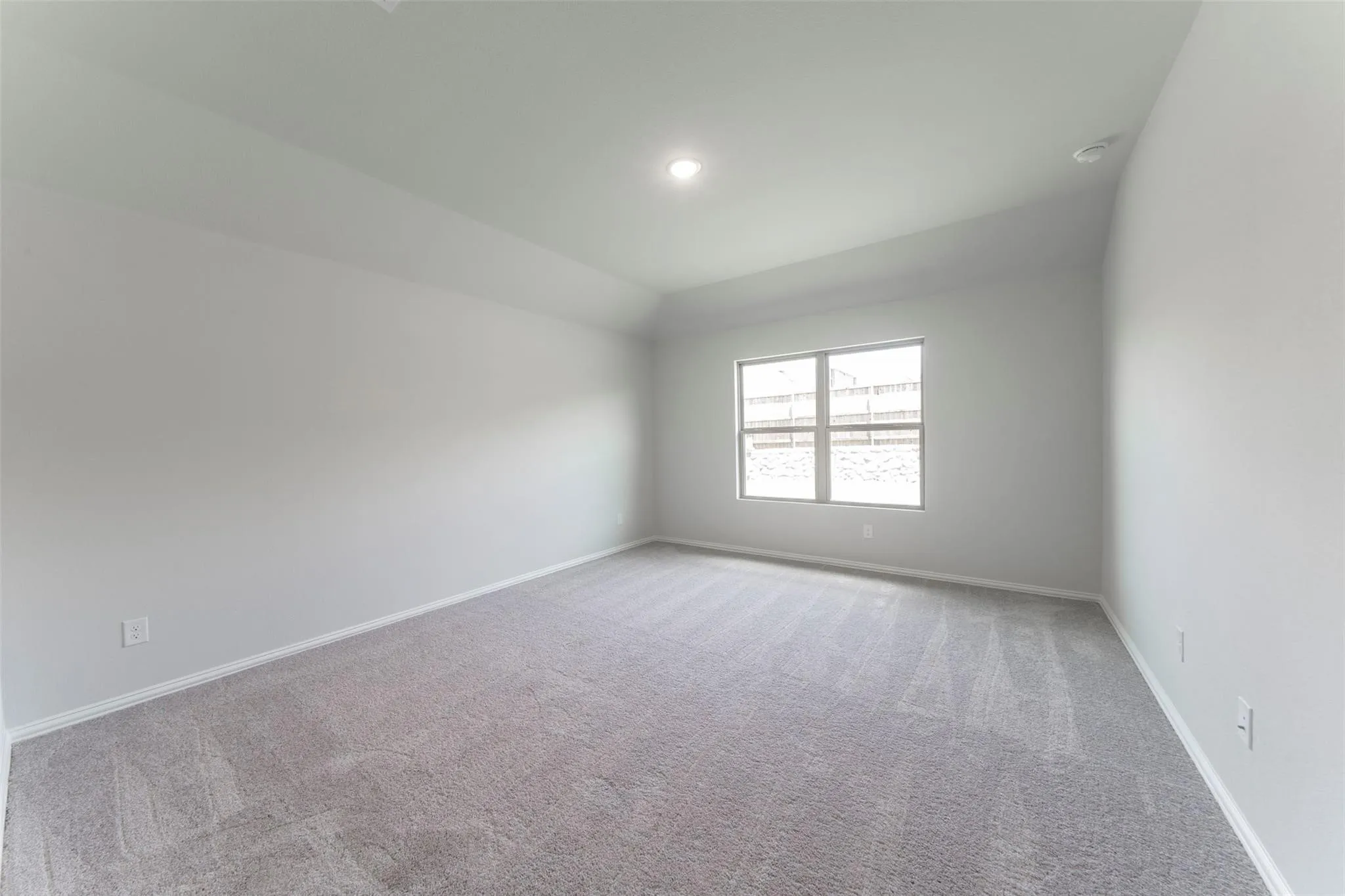 Spacious room featuring light gray carpeting, neutral wall paint, a large double-hung window, white baseboards, and a ceiling-mounted light fixture