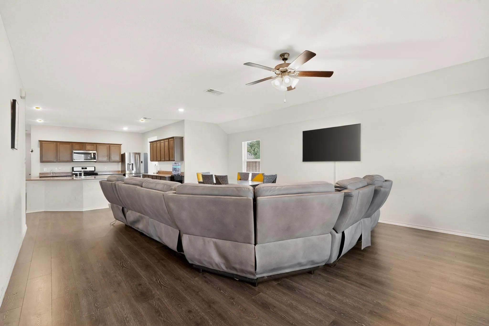Nice spacious living room with no carpet