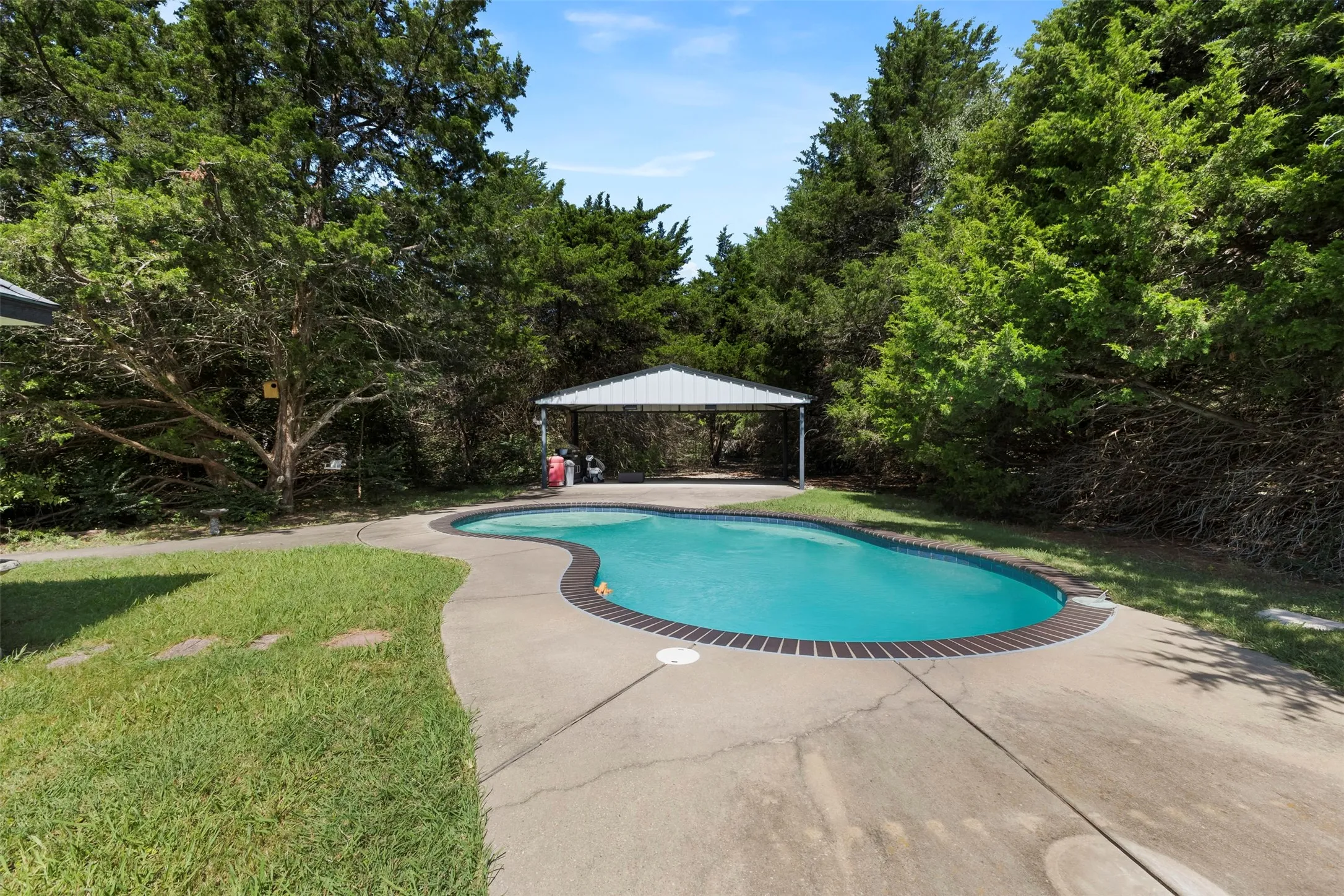 Freeform swimming pool with a brick coping and concrete surround, bordered by mature trees