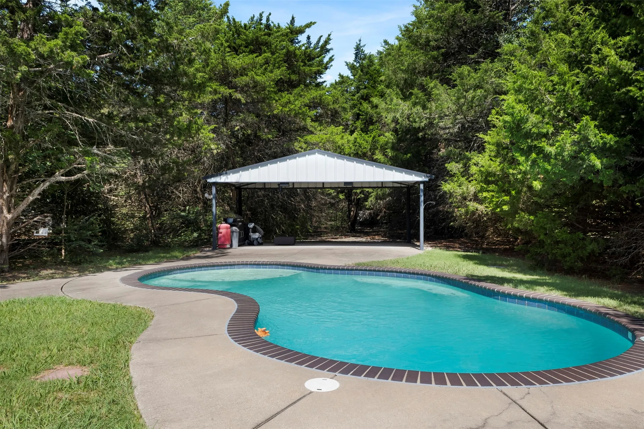 Curved swimming pool with concrete decking, brick coping, and a detached metal carport structure