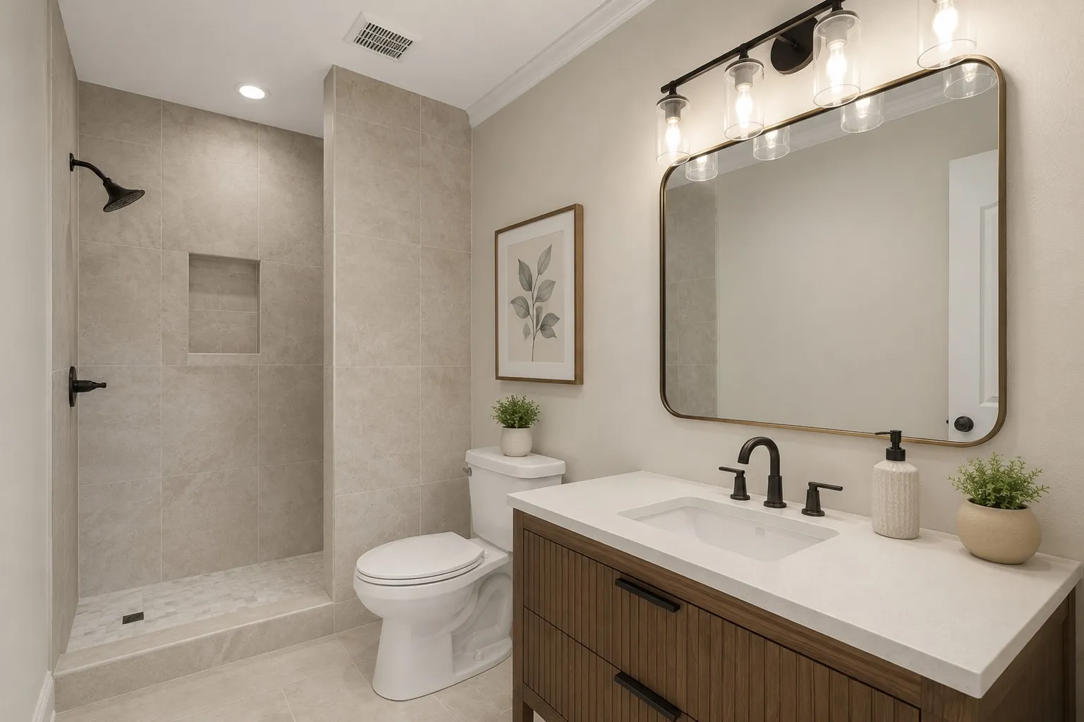 Rendering of cosmetic renovation. Shower will stay the same, but all tile/vanity/mirror will be replaced.