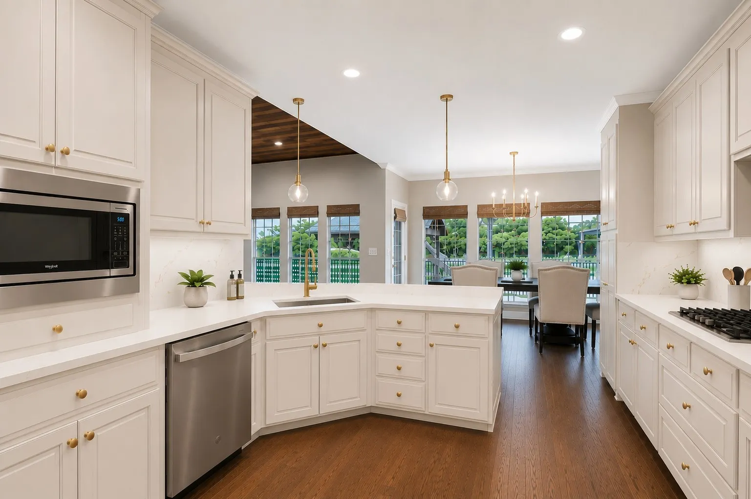 Kitchen refresh to include painting cabinets, leveling the bar top, adding quartz countertops and backsplash, changing hardware and faucets