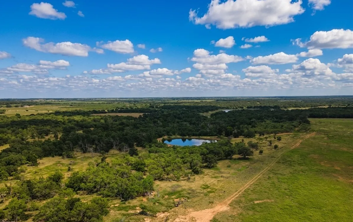 Expansive acreage featuring a natural pond, dense tree lines, open grasslands, and a visible dirt path